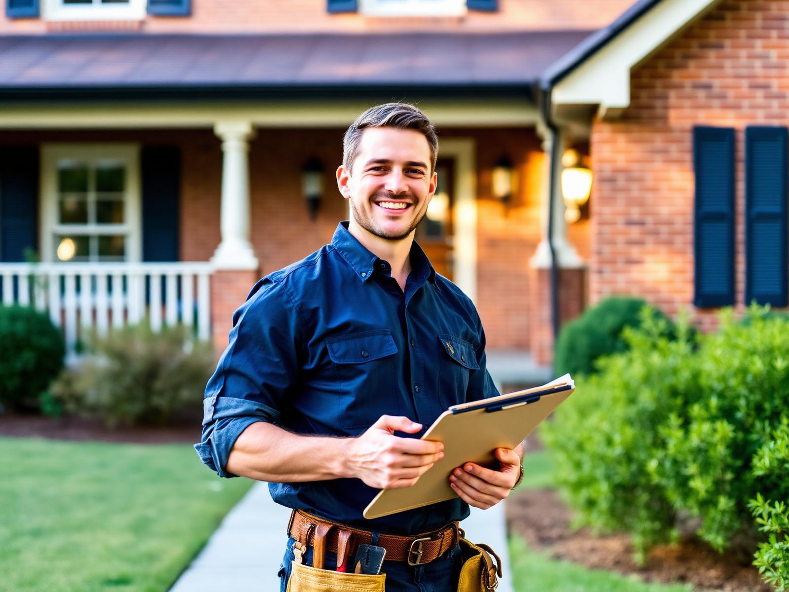Illustrative image of a home-service professional holding a clipboard outside a house